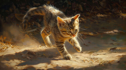 An adorable kitten with striking fur patterns explores the outskirts of a forest, its figure illuminated by a mesmerizing golden sunlight