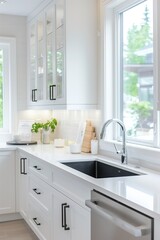 Fototapeta premium White kitchen monochromatic interior with sleek countertops and cabinets, stainless steel appliances, and a panoramic view of the bustling cityscape with skyscrapers through a large window.