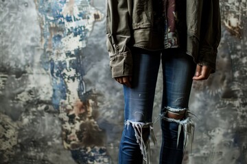 individual with frayed denim cuffs, textured backdrop