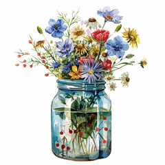 Watercolor Spring Wildflowers Jar Clipart 