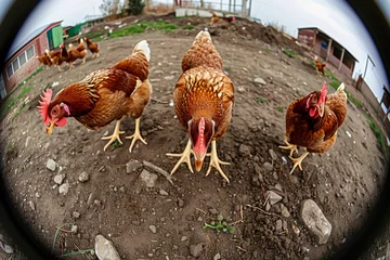 Zelfklevend Fotobehang overhead fisheye capture of chickens pecking in the dirt © studioworkstock
