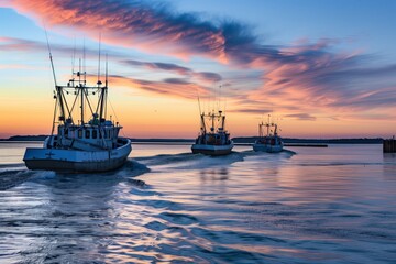 row of fishing boats leaving harbor, pastel dawn skies above