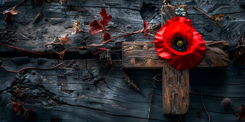 A red remembrance poppy on a wooden cross. generative ai  - obrazy, fototapety, plakaty