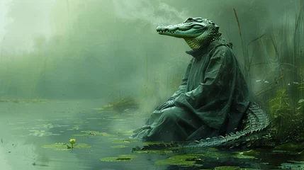 Fototapeten A serene crocodile in a doctors gown, pondering by a misty riverbank, shades of green and blue , vibrant color © PTC_KICKCAT