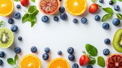 Fresh mixed fruits with leaves on white background, top view. Healthy eating concept.