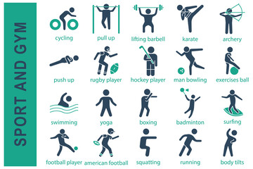 sport icons. sport and gym set icon. swimming, yoga, boxing, badminton, football player, rugby player, hockey player, and more. solid icon style. sport element vector illustration - obrazy, fototapety, plakaty
