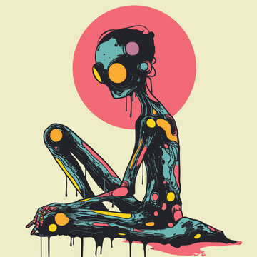 An abstract figure adorned with colorful patterns and paint splashes