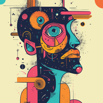 An abstract figure adorned with colorful patterns and paint splashes