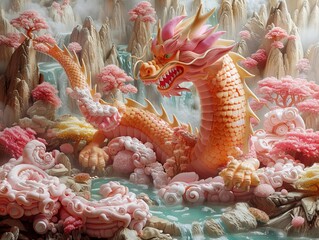 A watercolor masterpiece of a dragon in a chocolate bath, with a backdrop of a mystical, candycoated landscape , 3D style