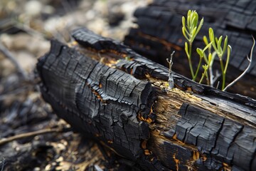closeup of a fallen, burnt log with shoots of green