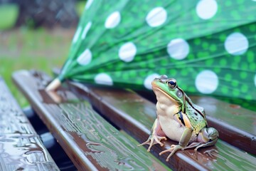 frog on a bench next to a green polkadotted umbrella