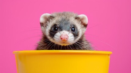 Adorable ferret peeking out of a yellow tunnel against a pink background