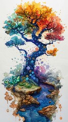 A whimsical watercolor of a tree of life, its roots shaped like circuit chips, intertwining with a riverbank, symbolizing the flow of digital and natural life , vibrant color