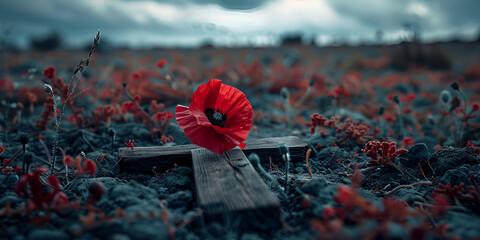 A red remembrance poppy on a wooden cross. generative ai 