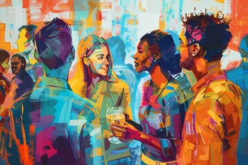 Illustration of a group of entrepreneurs networking at a business event. Foster relationships in a lively atmosphere