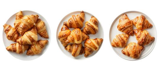 three plates of croissants on a white table with a transparent background.  Generative AI