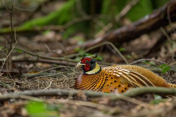female golden pheasant nesting on forest floor