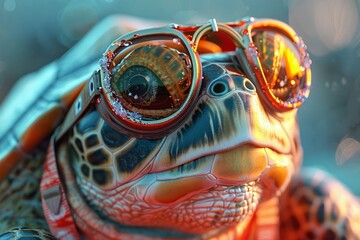 In the glow of sunset, a turtle racer in a vibrant outfit takes a deep breath, the moment frozen in watercolor , 3D illustration