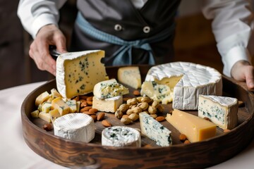 waiter serving a cheese platter with a selection of international cheeses and nuts