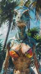 Foto op Canvas Majestic watercolor of a dinosaur in a bikini catching sun on a lively beach, vibrant and hyperrealistic , 3D illustration © PTC_KICKCAT