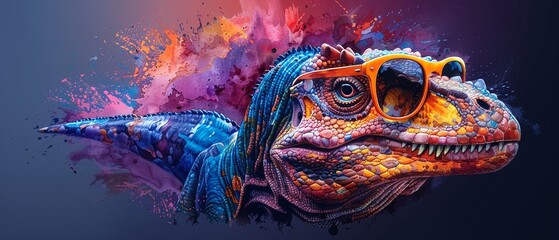 Watercolor masterpiece of a dinosaur in chic glasses, engaged in a video call on a cell phone, with vibrant color explosion , 3D style