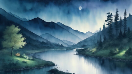 Summer landscape with a river in the valley against the backdrop of mountains in the moonlit night