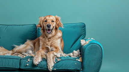 Playful golden retriever dog caught in the act of tearing apart a blue sofa cushion in a living room setting - Powered by Adobe