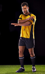 Man, referee and sport for soccer, rules and game for active and sportswear on grass or field. Arab...