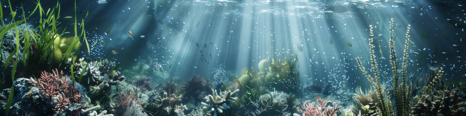 Obraz premium Sunlight filters through the water, illuminating the underwater scene with a natural glow