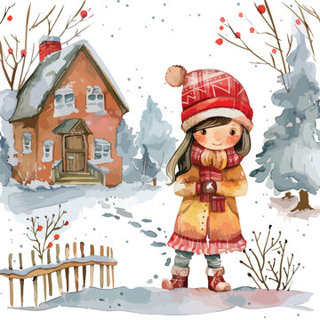 Winter Cottage Girl Watercolor Clipart 