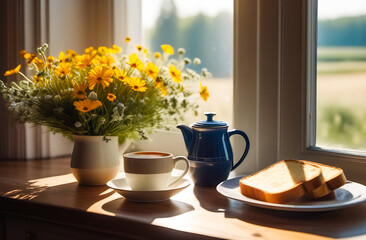 A bouquet of wildflowers, a cup of coffee, toasts and a coffee pot are on the table by the window in the early morning