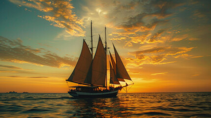 A sailboat with billowing sails glides through the ocean waters during a colorful sunset - obrazy, fototapety, plakaty