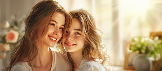 mother and daughter hugging smiling. mother's day concept