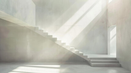 A staircase inside a building with sunlight streaming through the windows, illuminating the steps...