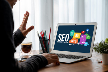 SEO search engine optimization for modish e-commerce and online retail business showing on computer...