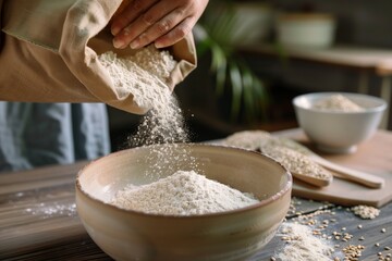 hand pouring whole grain flour from a bag into a bowl