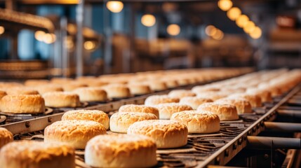 Automated bakery production bread loaves moving on conveyor belt in a modern bakery facility