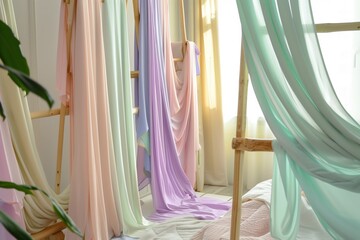 pastel hijabs draped over a wooden ladderstyle rack in a bedroom