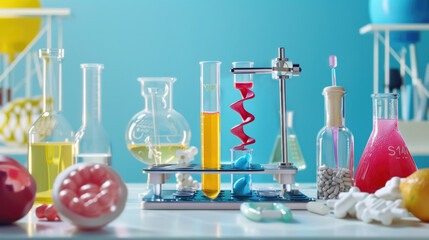 Various laboratory equipment arranged neatly on a table in a scientific setting - obrazy, fototapety, plakaty