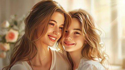 mother and daughter hugging smiling. mother's day concept