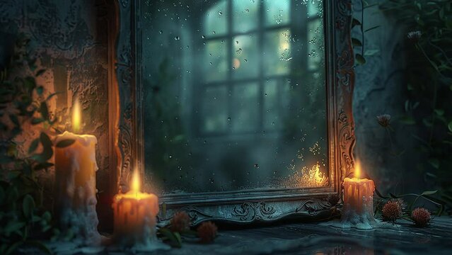 A mirror with a female reflection in a room with candles
