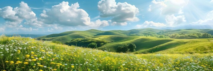 Green meadow landscape during springtime with young green grass and wild flowers. Spring and summer background.