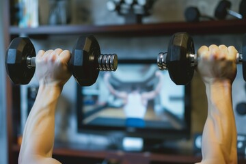 closeup of hands lifting dumbbells, tv in the background
