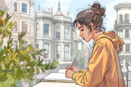 Illustration of an artist engrossed in sketching in a notebook. Surrounded by the city's fascinating architecture
