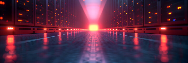 Data Transfer Resilience and Redundancy,
A modern data center featuring multiple servers each equipped with glowing LED lights