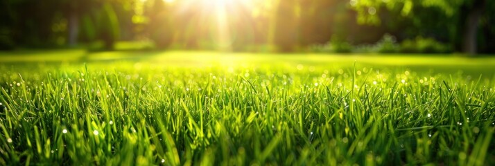 Beautiful spring green grass field landscape. Spring and summer background.
