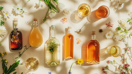 Assorted clear glass bottles filled with colorful summer drinks, surrounded by fresh wildflowers and soft shadows