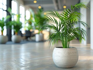 Closeup on an elegant office plant arrangement, focusing on the interplay of greenery and workspace design to enhance the work environment , blender - obrazy, fototapety, plakaty