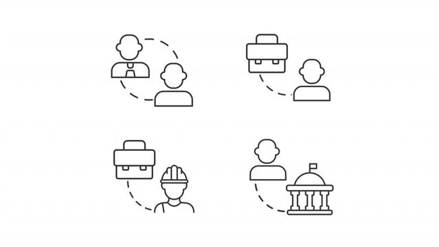 Business models animation set. B2B ecommerce animated line icons. Digital economy, government employee. Black illustrations on white background. HD video with alpha channel. Motion graphic