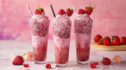 Three transparent glasses filled with creamy vanilla ice cream topped with vibrant red strawberries on a wooden table